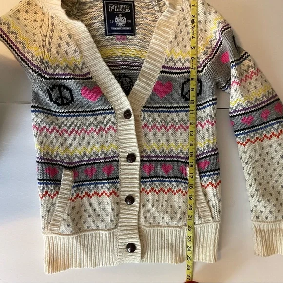 VS PINK peace, love and pink fair isle hoodie heavy knit cardigan sweater - Picture 5 of 14